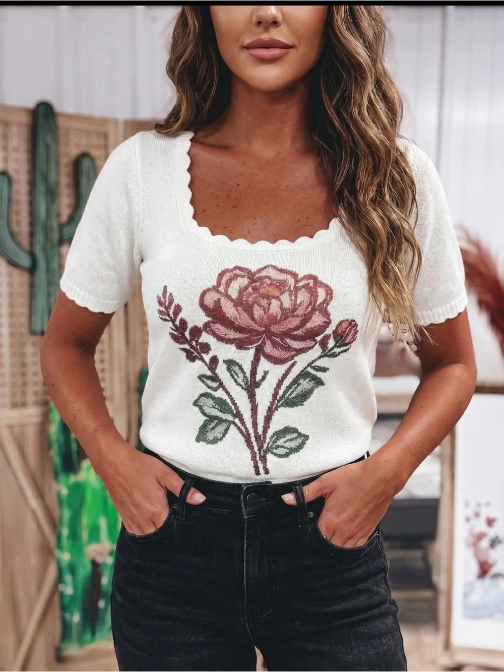 Cream Floral Knit Top with Rose Motif